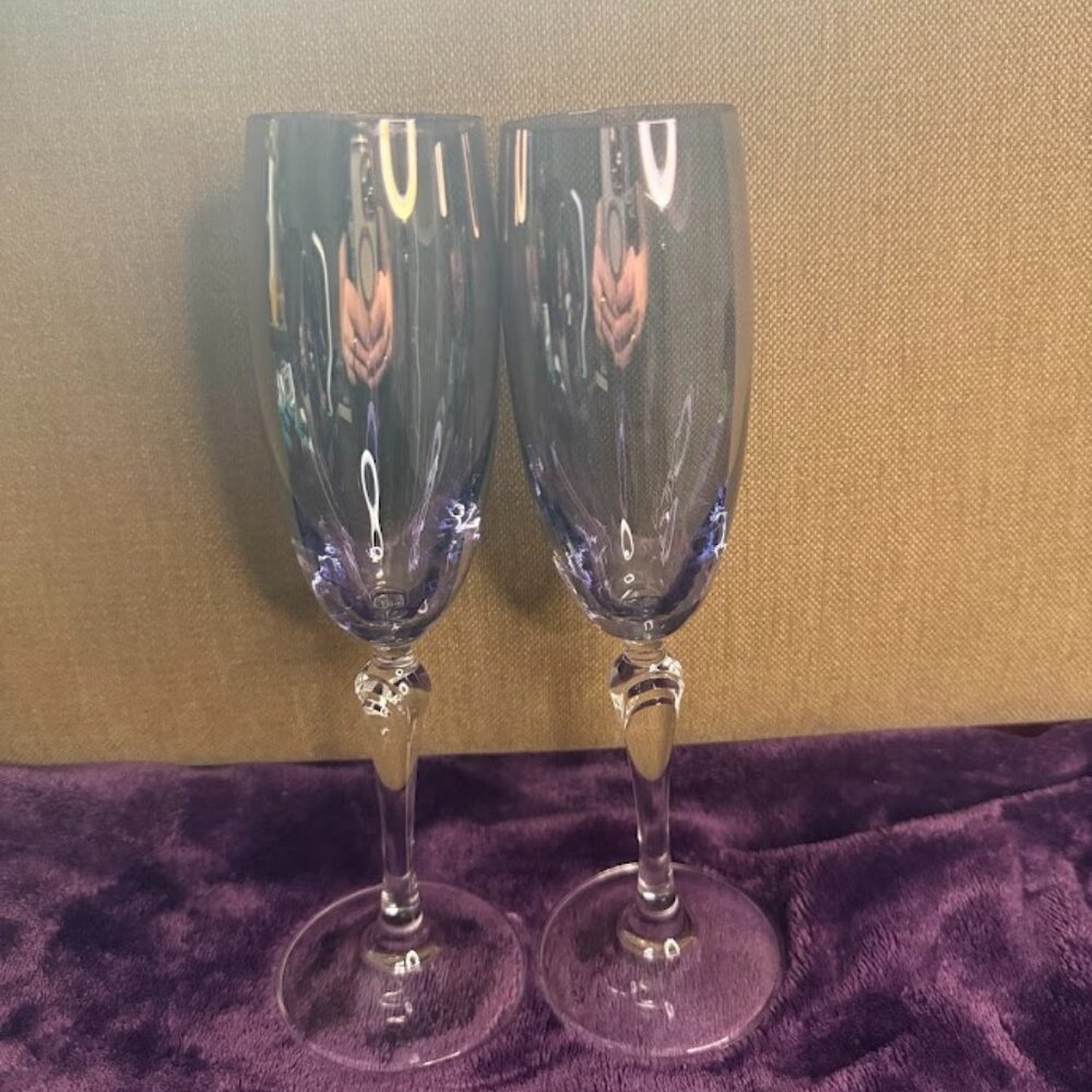 BOHEMIA CZECHOSLOVAKIA COLONY BLUE & GEEN CHAMPAGNE FLUTE